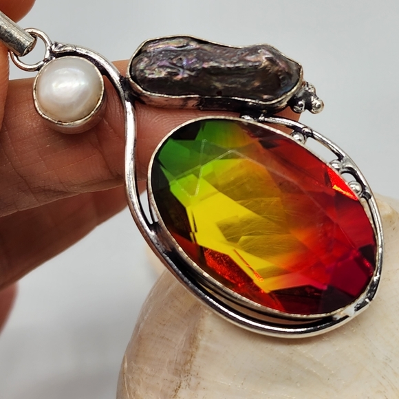 Red/Green Ametrin black Tahitian Pearl Stone Silver 925 Pendant - Picture 8 of 10